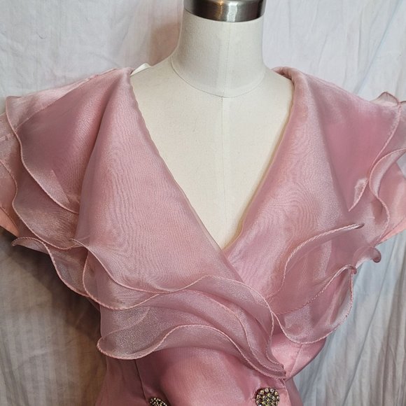Formal Skirt Top Set 2 Pieces Pink Ruffle Polyester Acetate Bling Vintage 80s Al - Picture 6 of 12